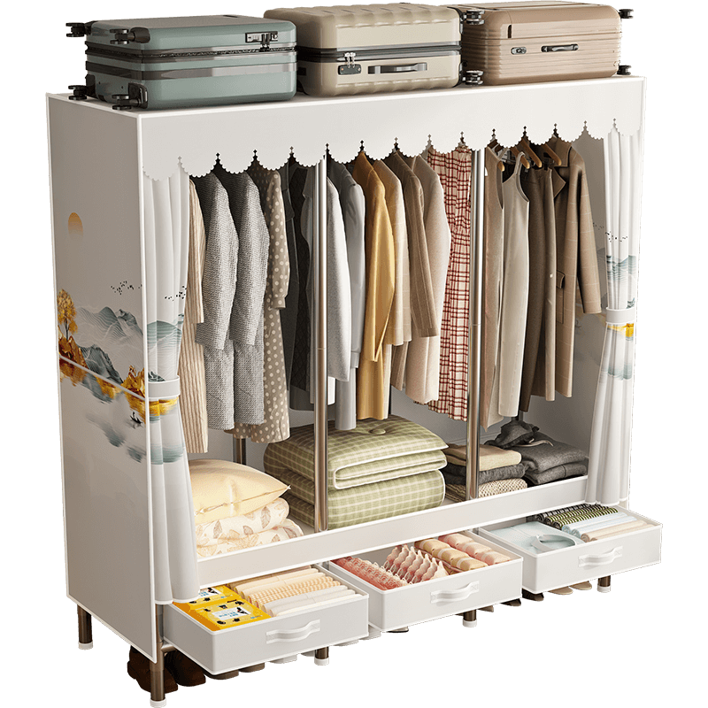乐爱家布衣柜加粗钢管简易衣柜出租房卧室带抽屉衣家用柜全钢架收纳衣橱