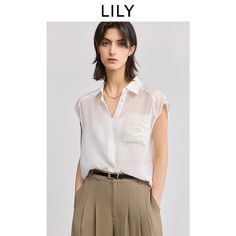 LILY商场同款2025夏女装莱赛尔混纺蕾丝绣花休闲小飞袖衬衫 604米白 L