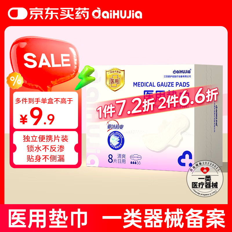 aiHuJia【医用级认证】妇科垫巾女用护垫舒适卫生巾型便携透气日用8片/盒