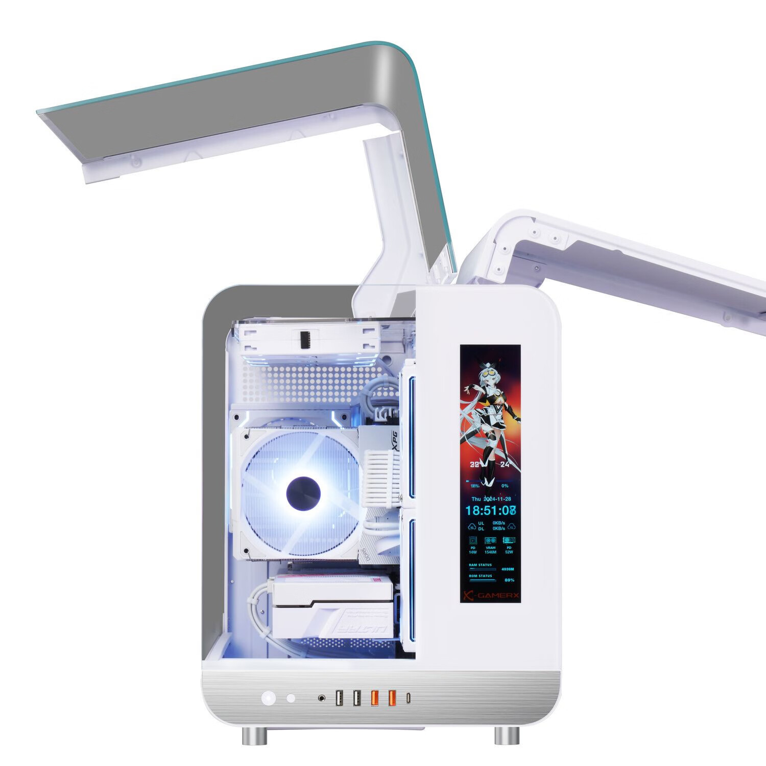 未知玩家幻翼台式电脑机箱鸥翼门支持MATX360水冷TYPE-C背插 幻翼 LCD版 白色 单机箱顺丰