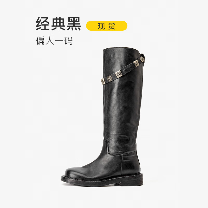 BEAUTODAY新品同款BeauToday水洗馬皮女長筒騎士靴復(fù)古高筒靴 經(jīng)典黑 35