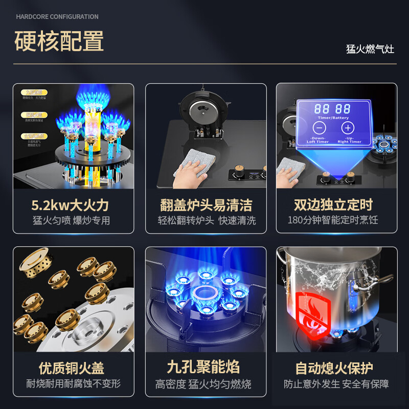好太太亿美【国家补贴20%】燃气灶煤气灶双灶具大火力台嵌两用天然气灶液化气炉灶一级能效台式嵌入式猛火灶 翻盖双九腔+双边定时+不锈钢 液化气(煤气罐20Y)