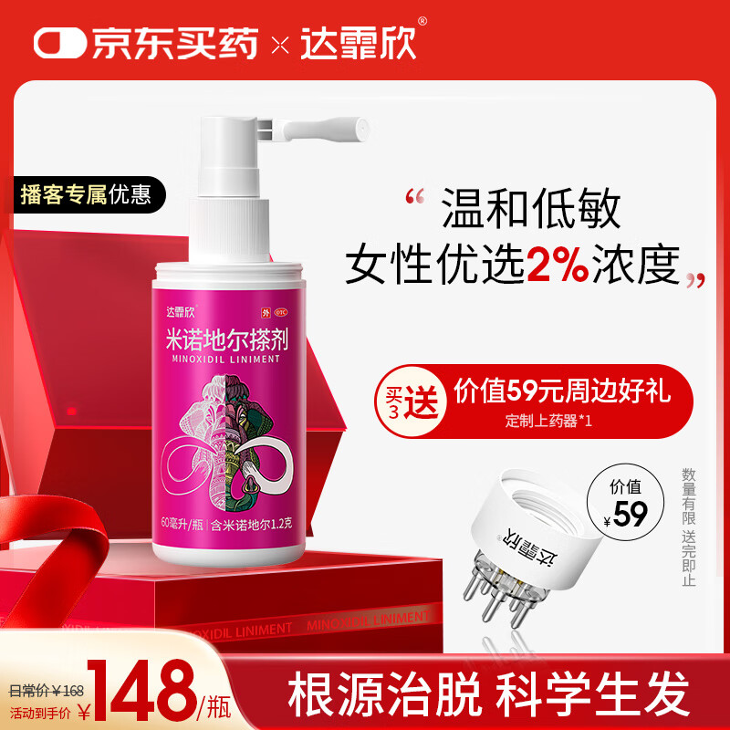 【推荐下单3瓶】达霏欣 米诺地尔酊搽剂生发喷雾2%浓度60ml/瓶脱发生发液【女士发缝宽专用】防脱生发育发发际线增长液洗