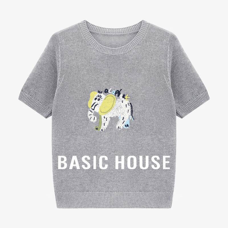 百家好（Basic House）Basic House/百家好亚麻大象刺绣针织衫夏季圆领短款撞色宽松上衣 灰色 L