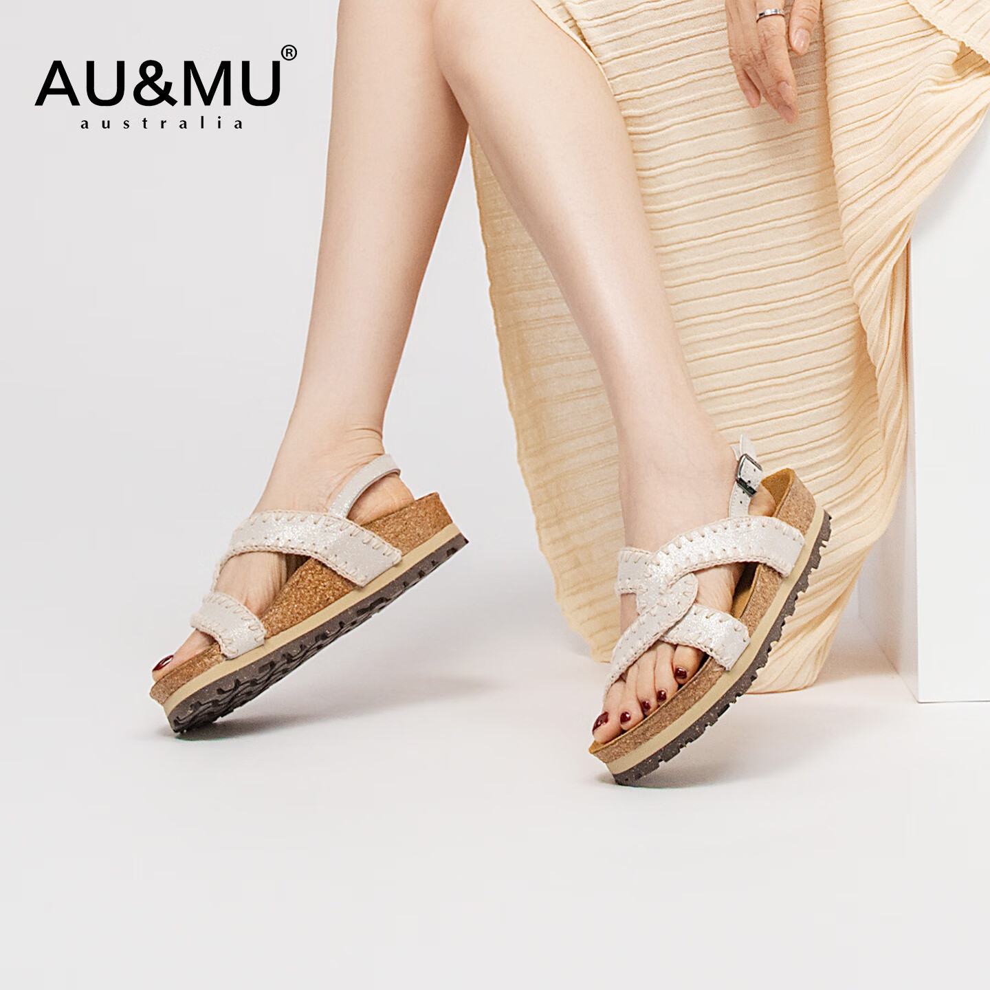 AU&MU2025夏季新款拖鞋女士真皮透气外穿高级感凉鞋百搭厚底增高勃肯鞋 珠光白【牛皮】【软木升级款】 36 京东折扣/优惠券