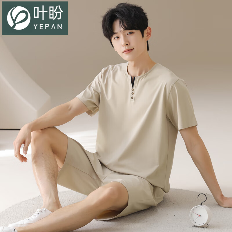 叶盼（yepan）男士睡衣男青少年纯棉2026新款春夏季短袖短裤套头休闲家居服套装 72122-米灰 L (170) ：建议100-120斤穿着