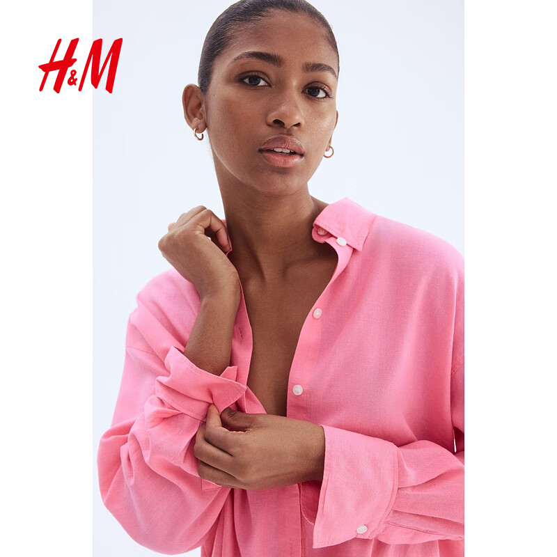 H&M女装衬衫2025年夏季新款气质高级感亚麻混纺大廓形衬衫1283782 粉色 XL 175/116