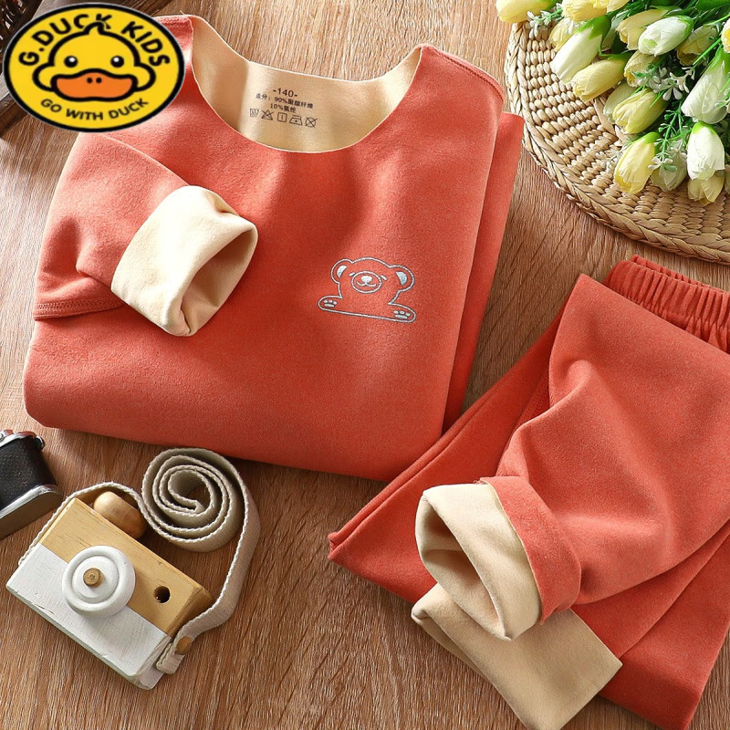 G.duck德绒儿童保暖内衣冬男童女童秋衣秋裤套装中大童保暖无骨宝宝套装 无骨砖红 (A类材质/柔软舒服) 90 cm(建议身高75-85cm)