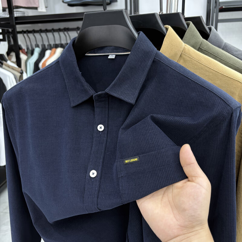 老爷车（LAOYECHE）100%纯棉灯芯绒真口袋男士长袖衬衫纯色休闲秋装衬衣保暖男装寸衫 IF-24620豆绿 L 推荐120-135斤