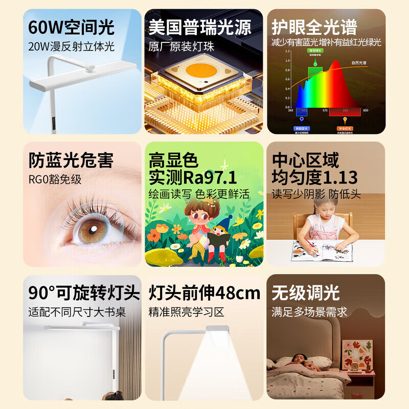 雷士照明台灯儿童学习护眼灯大路灯台灯专用儿童学习灯旋转小路灯 【L5旋转小路灯】60W全光谱-普瑞光源-无极调光