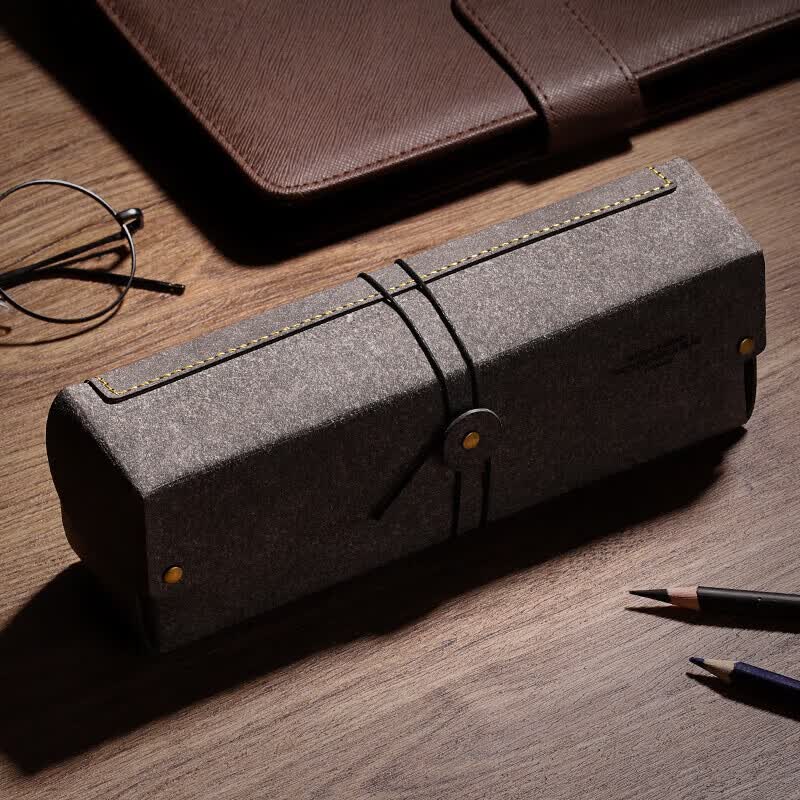 轩奕文具复古皮质大容量文具盒ins日系简约高中生古风笔袋玩物 灰色_数量有限