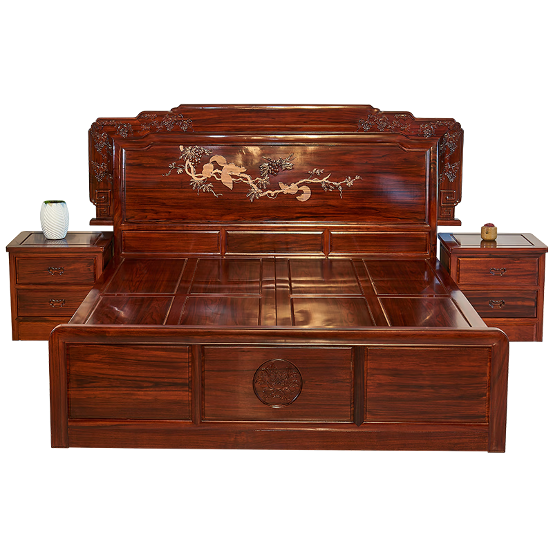 木中央硬木家具 黑金檀木(巴西黑檀)床 中式臥室家具 實木1.8米雙人婚床 1.8米床+2床頭柜