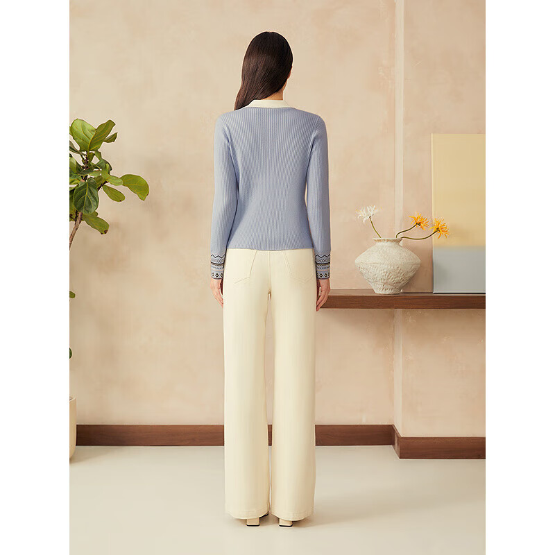 YINER音儿专选2025年春季【费尔岛纹】撞色POLO领真丝羊毛针织衫 浅蓝 XL 42