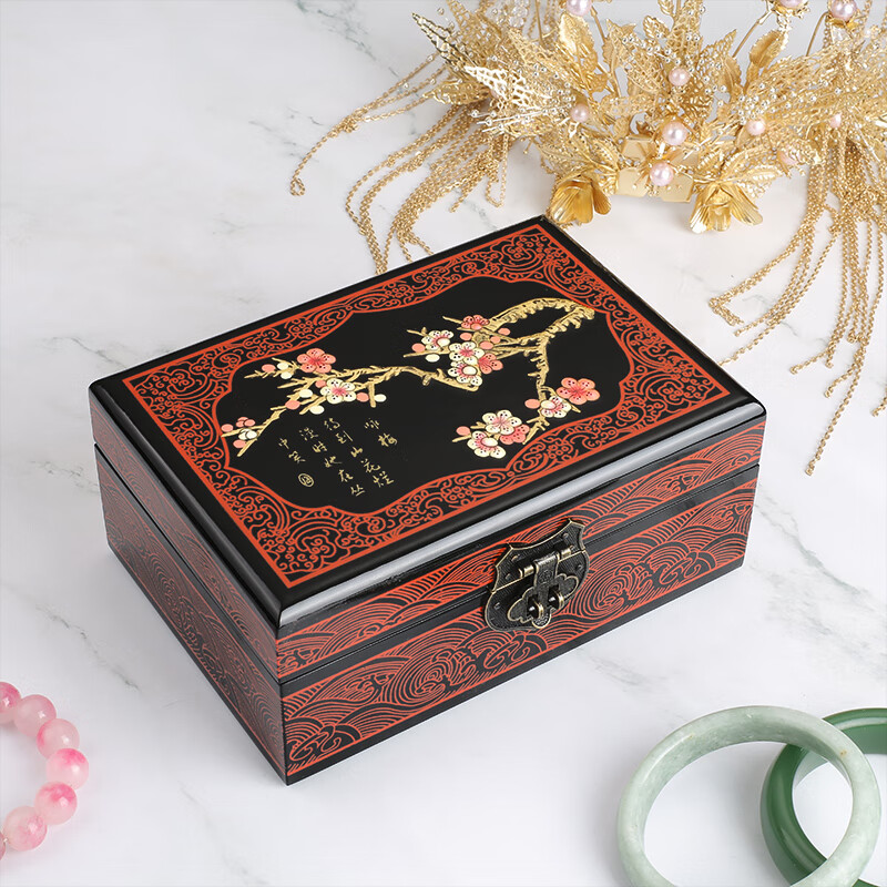 川布【華夏精品】首飾盒收納盒高檔精致實木輕奢古風(fēng)三金首飾盒送閨蜜 21盒-黑-詠梅 10*10*10cm