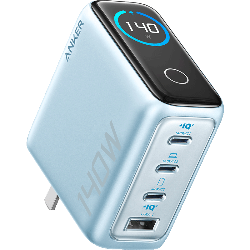 ANKER安克智顯充140W充電器套裝 氮化鎵屏顯type-c多口pd快充100W頭適用蘋果17iPhone手機筆記本電腦 藍