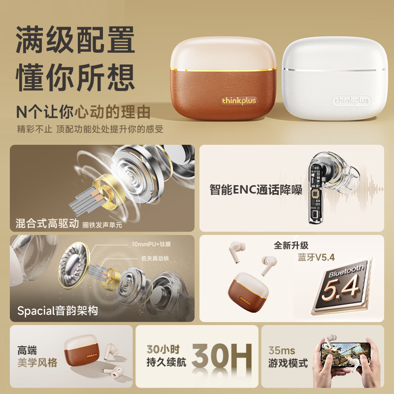 联想【热卖新款】蓝牙耳机入耳式真无线蓝牙5.4皮革HIFI音质通话降噪游戏低延迟长续航适用于苹果华为 棕色【全新蓝牙V5.4+皮革纹理】 天籁沉浸音-ENC降噪-超长续航