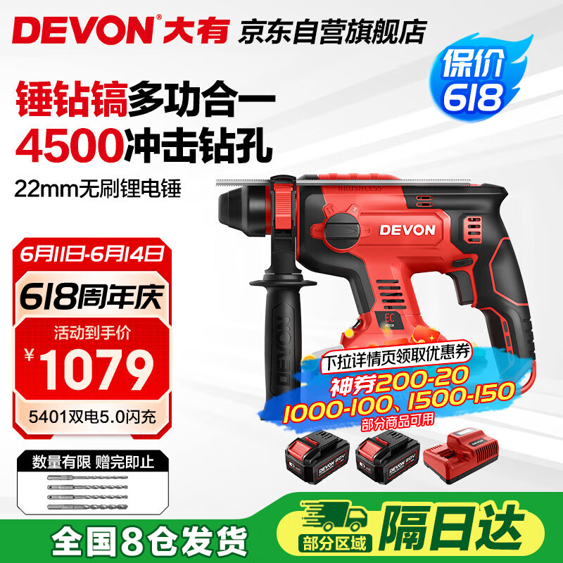 大有20V无刷充电锂电电锤5401冲击钻电镐两用混凝土开凿双电5.0闪充