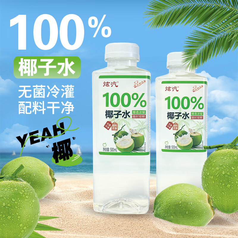 炫汽100%新鲜果汁饮料苹果汁葡萄汁桔子汁椰子汁500ml/瓶夏日休闲饮品 【500ML*15瓶】椰子汁