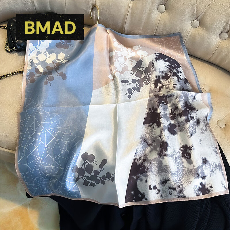 YEAE法国轻奢2025新款春夏韩国装饰领巾几何拼色真丝方巾桑蚕丝丝巾女 拼色蓝色|53*53cm