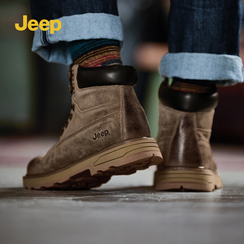 JEEP吉普马丁靴男秋冬季男士高帮百搭复古英伦风增高工装大黄靴子男鞋 卡其色 42
