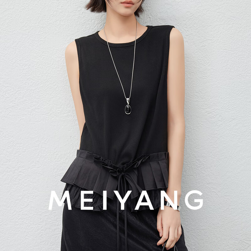 美洋（MEIYANG）花褶背心 极简美学 针织捏褶系带圆领无袖上衣 黑色 S