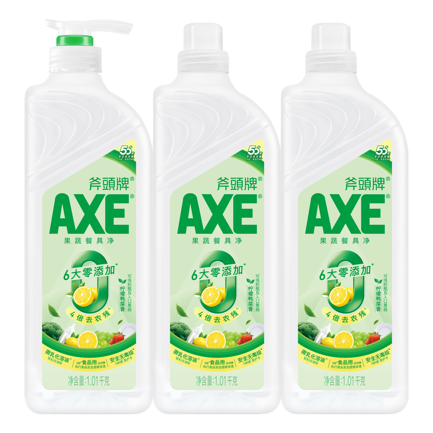 斧頭牌（AXE）檸檬鴨屎香果蔬餐具凈洗潔精1.01kg*3（泵+補(bǔ)補(bǔ)）6大零添加