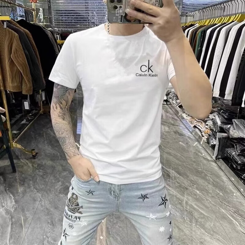 CALVIN KLEIN JEANS夏季CK短袖T恤男士修身纯棉圆领休闲大码上衣 黑色款式8 6XL 建议【200-215】斤