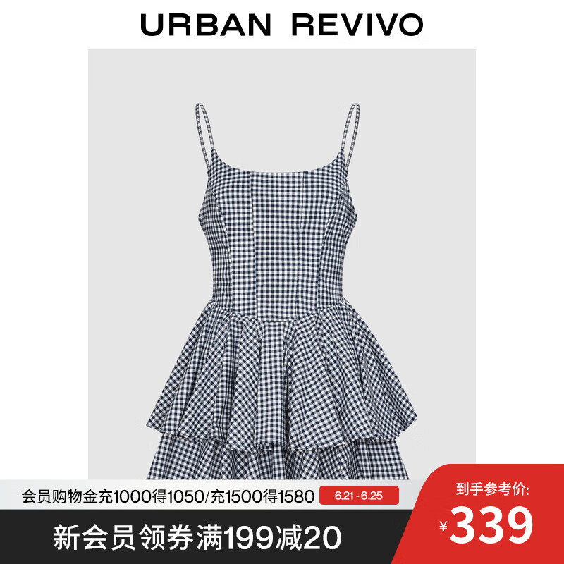 UR2025夏季新款女装复古格纹层叠花边吊带连衣裙UYU750089 宝蓝格子 S