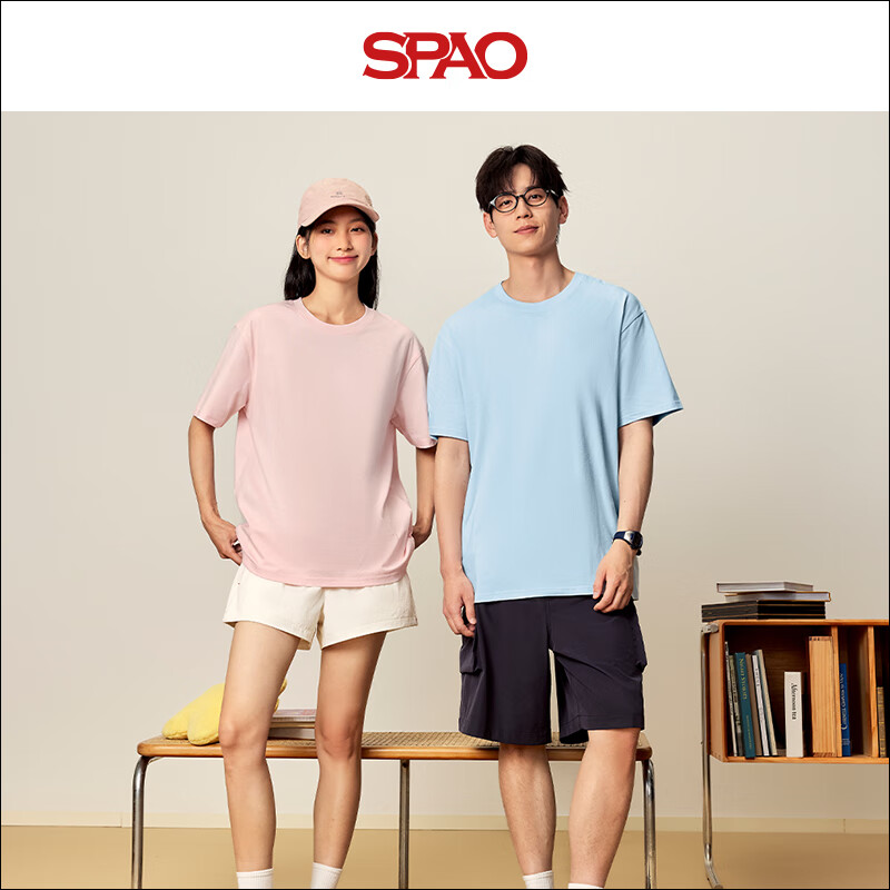 SPAO210g纯棉圆领短款短袖T恤男女同款夏季新款舒适上衣SPDX25SD01XY 天蓝 #纯色 S