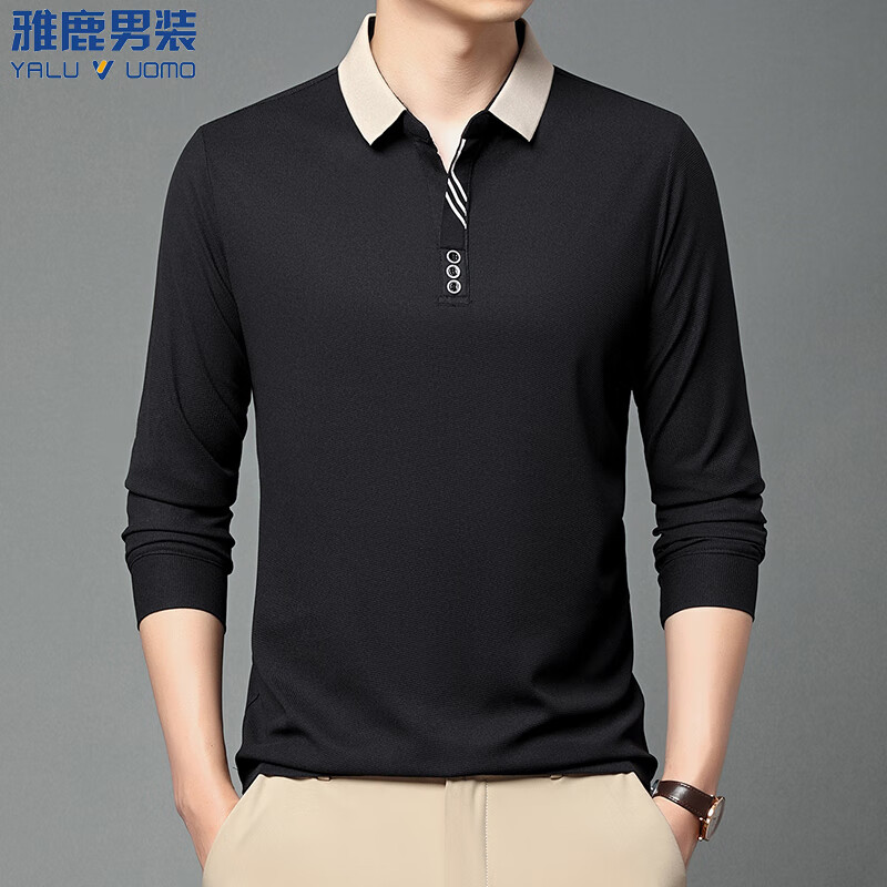 雅鹿速干面料长袖t恤男纯色翻领男士冰丝体恤衫中青年男装 8168-经典黑 XL (175)（建议135-155斤）