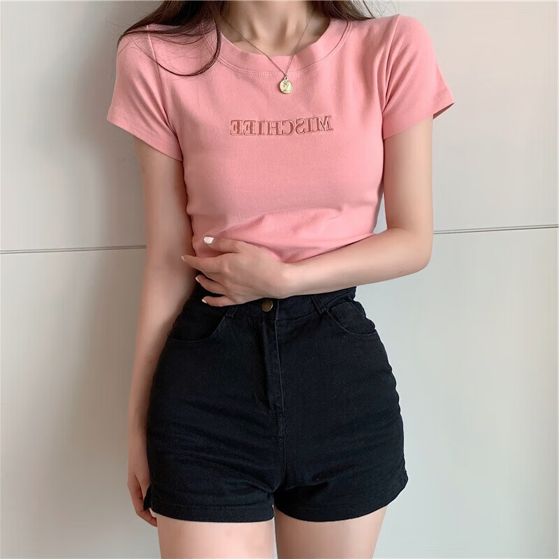 芮菡2025夏季新款韩版字母刺绣修身短袖T恤女学生上衣女装潮 黑色 XL 【106-118斤】