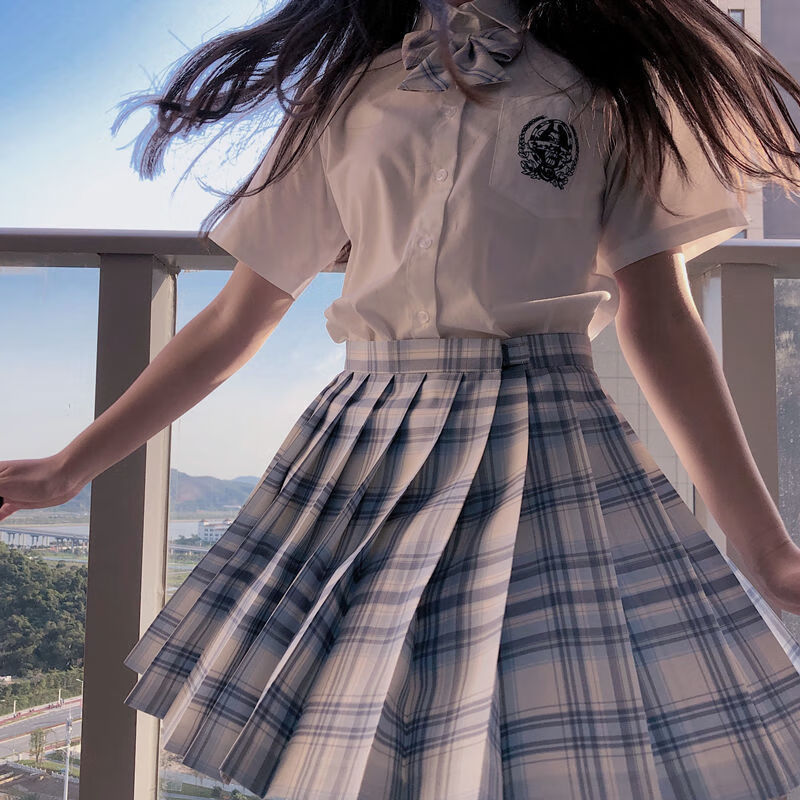 萝莉学生jk短裙男格子变装百褶裙 白短袖刺绣衬衫 不死川格裙 领结 xs