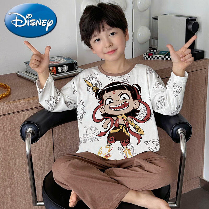 迪士尼（Disney）全棉睡衣新款男童女童夏季A类透气儿童家居服套装宝宝空调服 25夏款纯棉长袖-卡其哪吒 100 cm