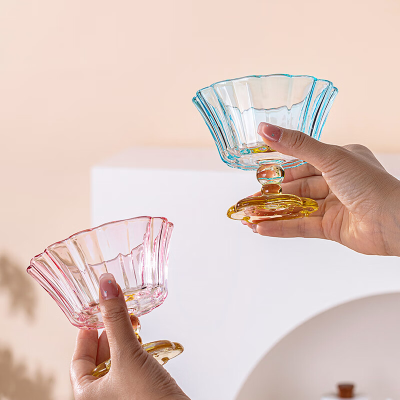 乐唯诗花开半朵玻璃杯高脚甜品杯高级感透明冰淇淋酸奶杯家用布丁雪糕杯 花开半朵冰淇淋杯-粉色-200ml*1
