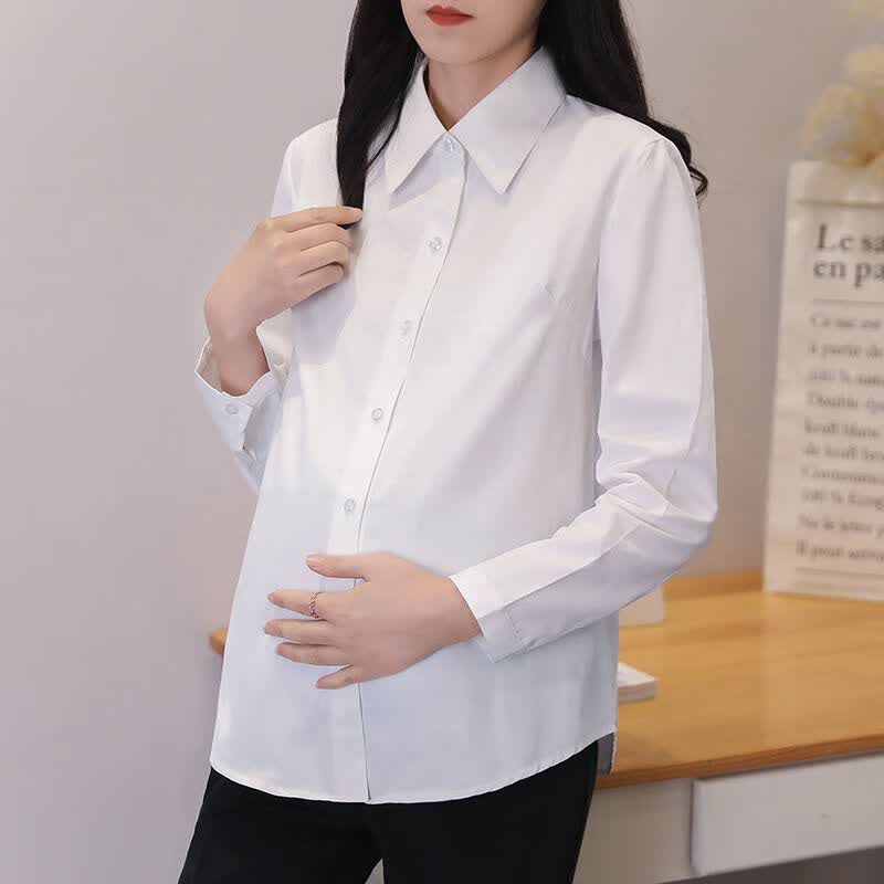精尼琳孕妇工装衬衫衬衣春秋季长袖职业装时尚百搭翻领白色套装宽松 白色衬衣 M