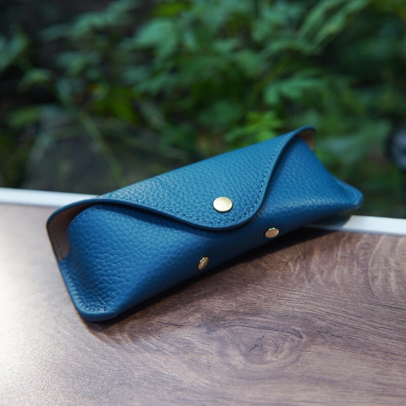 MARCWOOD真皮眼镜盒男女加厚抗压形便携式眼镜袋手工头层牛皮太阳镜墨镜盒 石青色_送眼镜布