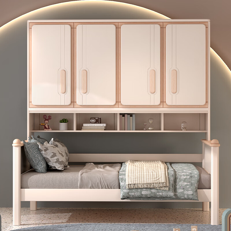 松堡王國衣柜床一體小戶(hù)型榻榻米兒童床帶衣柜靠墻多功能奶油風(fēng)實(shí)木側柜床 側柜床歐盟環(huán)保標準 1200mm*1900mm