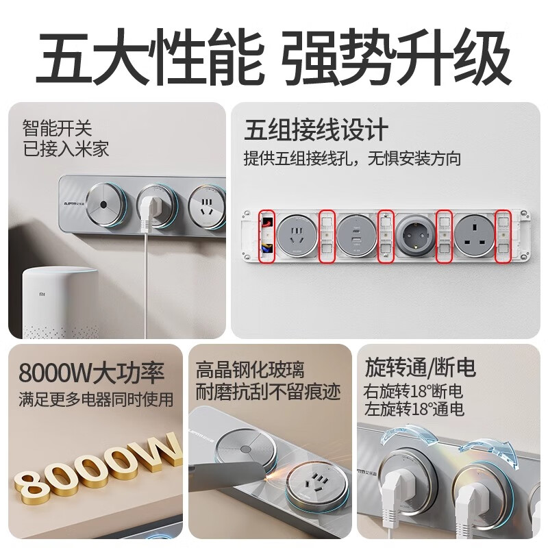奥克斯米家APP智能开关模块轨道插座高级氛围感橱窗插座超薄隐形无缝隙 珍珠白·玻璃轨道+4五孔