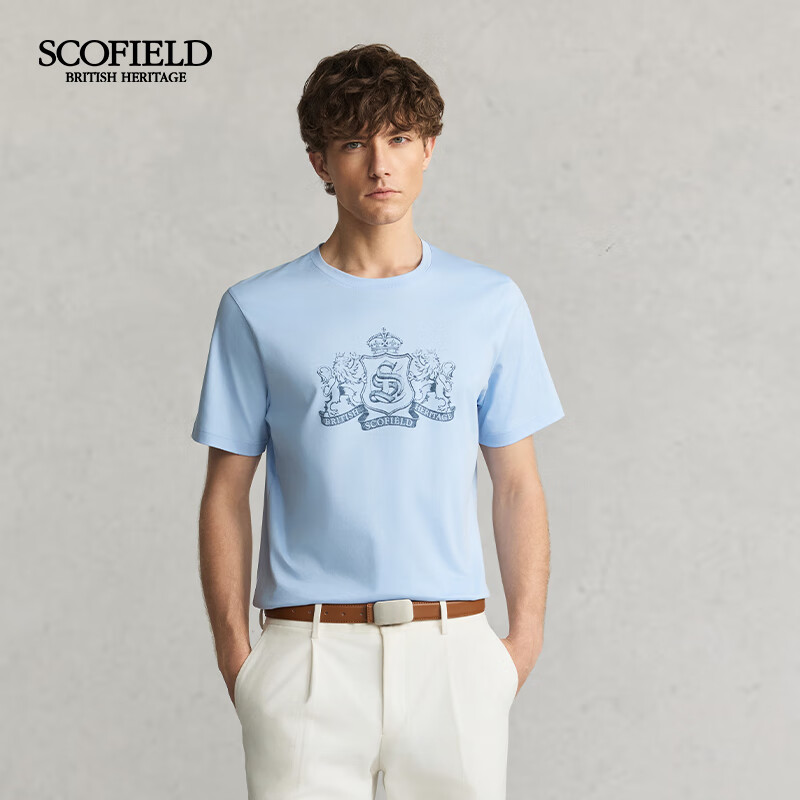 Scofield男士24年夏季新款长绒棉印花圆领舒适短袖全棉休闲T恤 浅蓝色 XL (180)