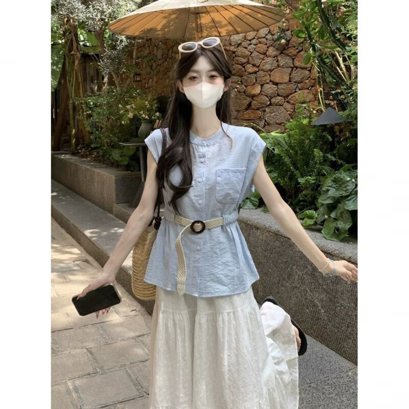恒源祥小清新飞袖上衣女夏新款多巴胺穿搭套装法式独特漂亮掐腰短袖衬衫 黄色 S 80--95斤左右