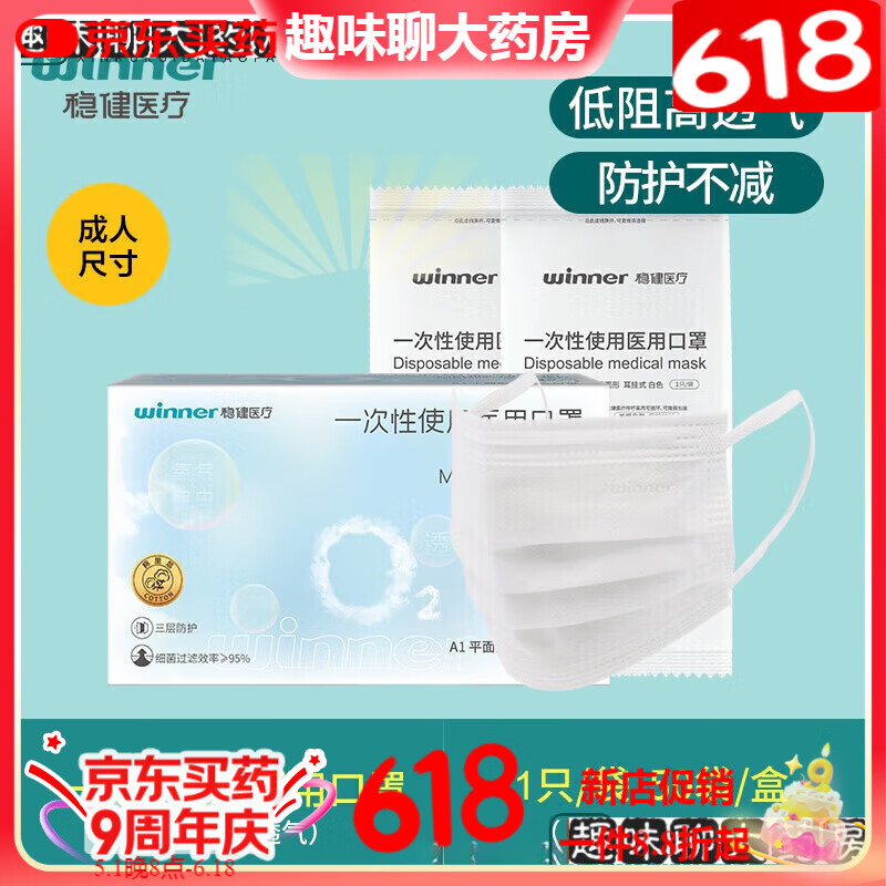 稳健（Winner）winner稳健空气口罩透气薄款一次性口罩儿童包装 款白色款1盒(50只/盒)