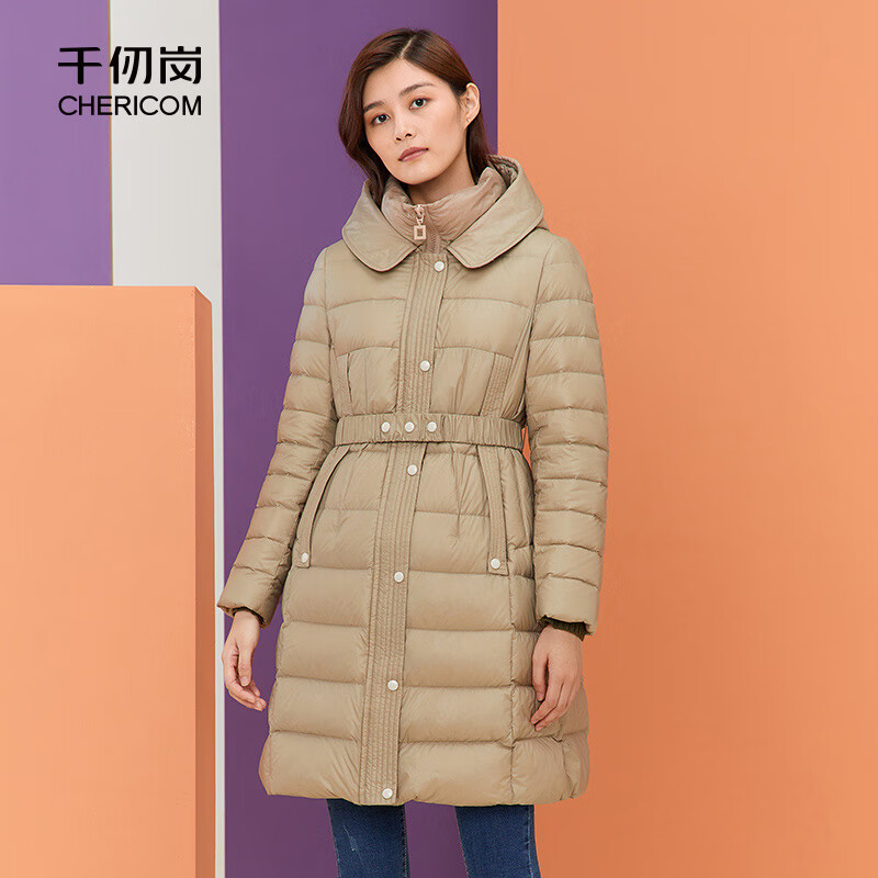 千仞岗秋冬季中长款鸭绒羽绒服女士连帽收腰显瘦复古气质防寒外套防寒服 水晶蓝 L (170)