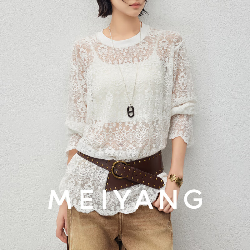 美洋（MEIYANG）梨花酿蕾丝衫 朦胧仙气镂空绣花圆领长袖上衣 白色 M