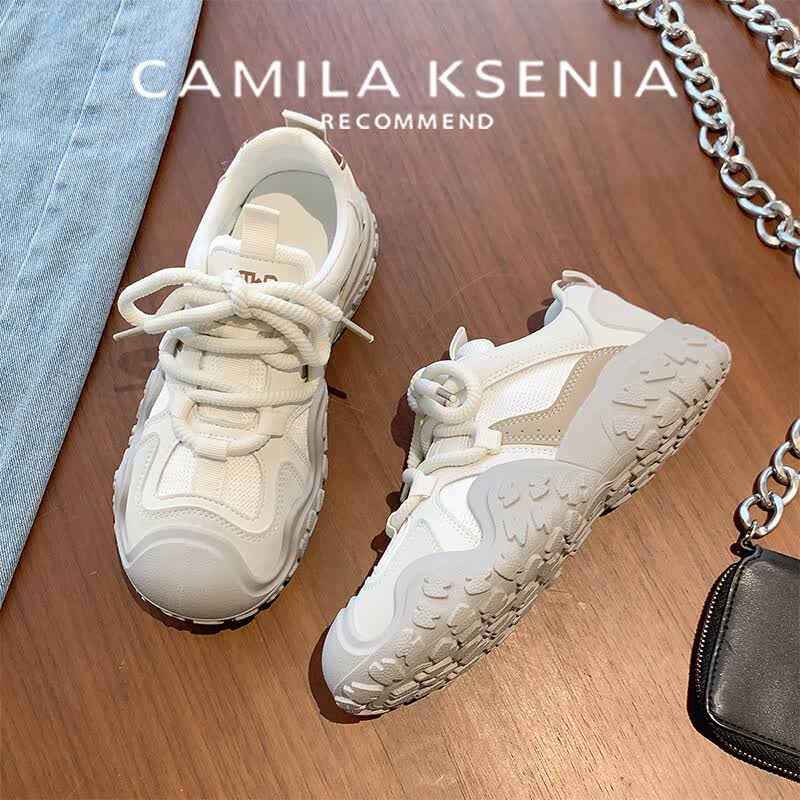 CAMILA KSENIA运动鞋女士2026新款厚底百搭品牌小白鞋夏季跑步休闲网面透气鞋子 米色 37