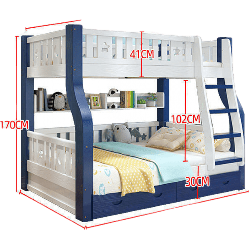 澜墨 全实木加粗加厚床上下铺床分体高低床双层成人床多功能 蓝白色直梯款+【6件】+送入户 上铺宽100下铺宽120