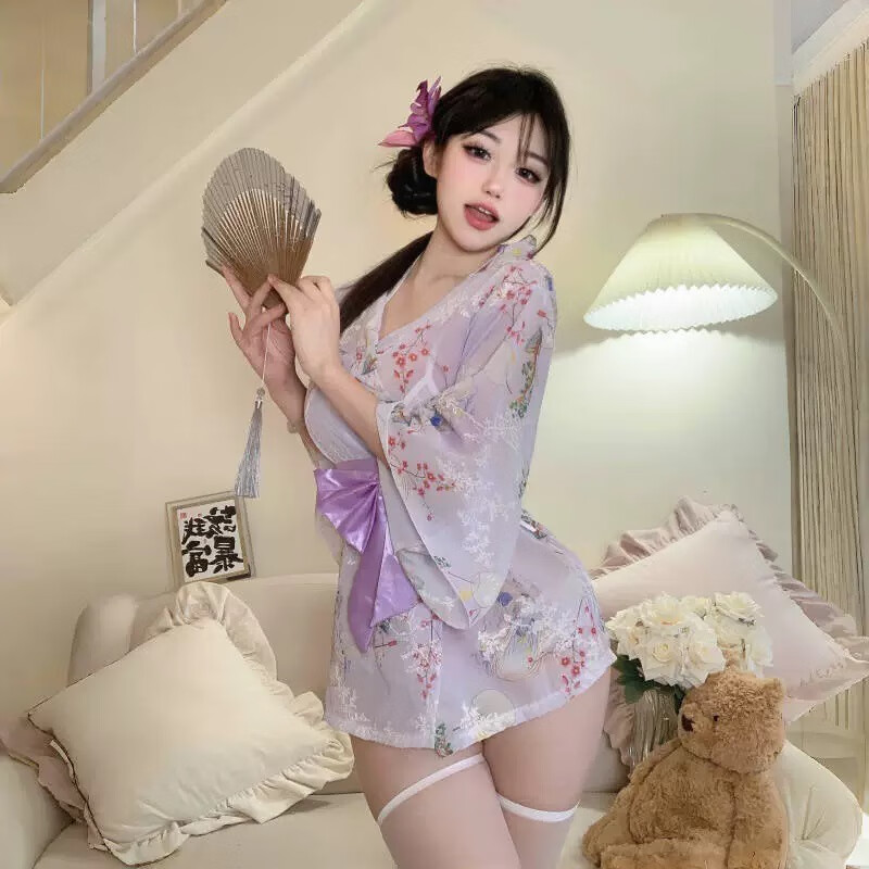 性感大码情趣内衣调情高档户外可穿丝袜和服sm羞耻大尺度房事战袍 紫色和服+白丝袜 均码(80-130斤)