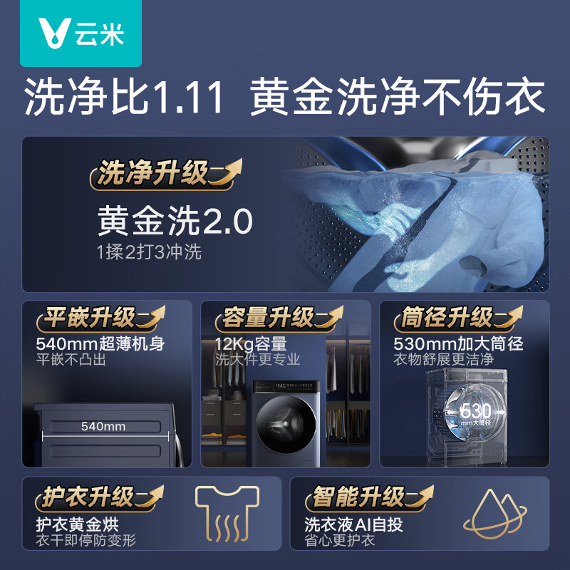 云米（VIOMI）洗衣机超薄大筒径臻彩大屏12公斤大容量洗净比1.11变频滚筒家用全自动洗烘一体洗衣机WD12FE-B6A 12kg重磅产品Super2Max