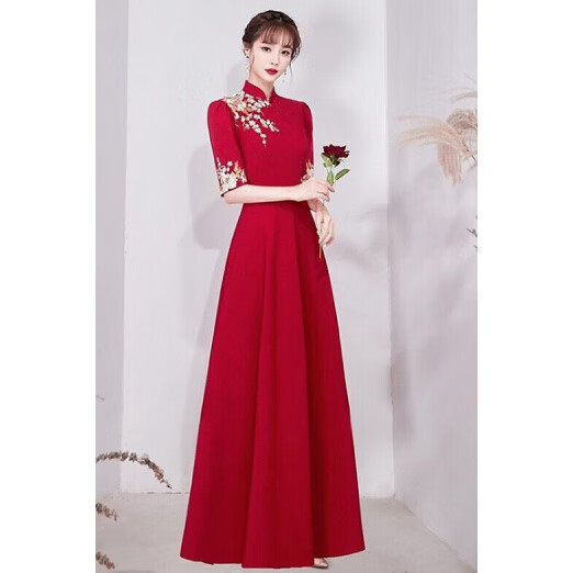 IMPRESSWIT頒獎禮儀小姐服裝新款學(xué)生演出服迎賓旗袍合唱表演中國風(fēng)紅色禮服 紅色中袖長版 S