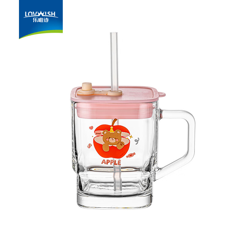 乐唯诗方形玻璃吸管杯透明水杯带手柄有盖家用高颜值玻璃杯喝水杯牛奶杯 方形吸管杯【苹果熊】400ml 1只