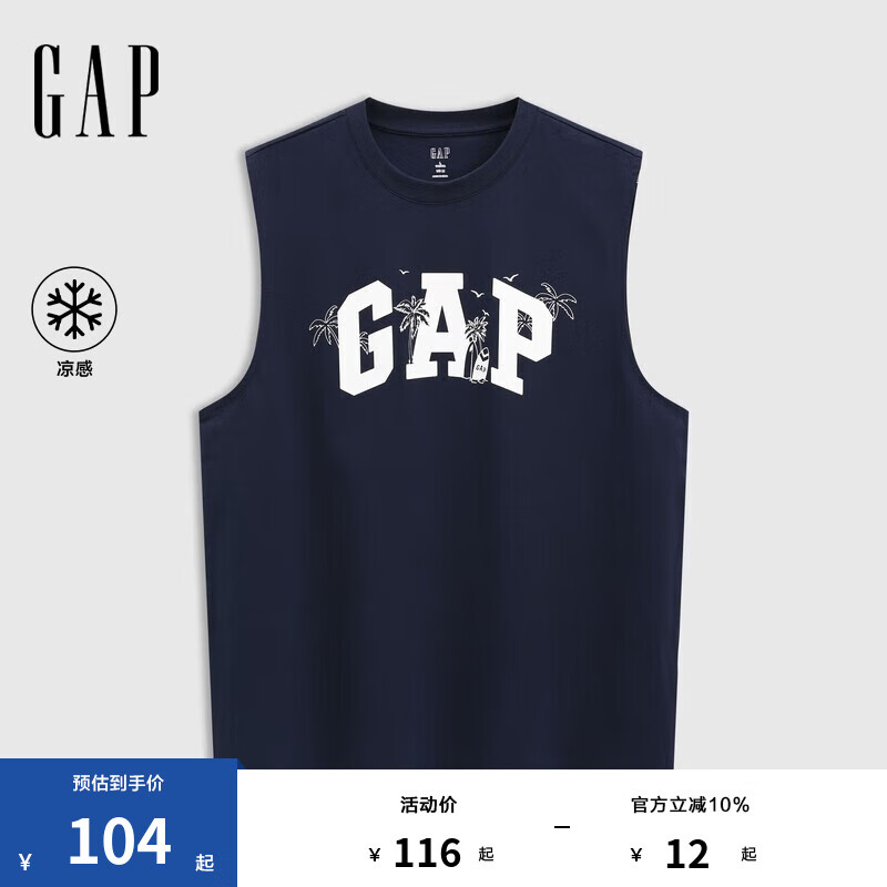 Gap男女装2025夏季新款纯棉印花logo凉感宽松T恤无袖上衣729094 海军蓝 S (165/88A)亚洲尺码